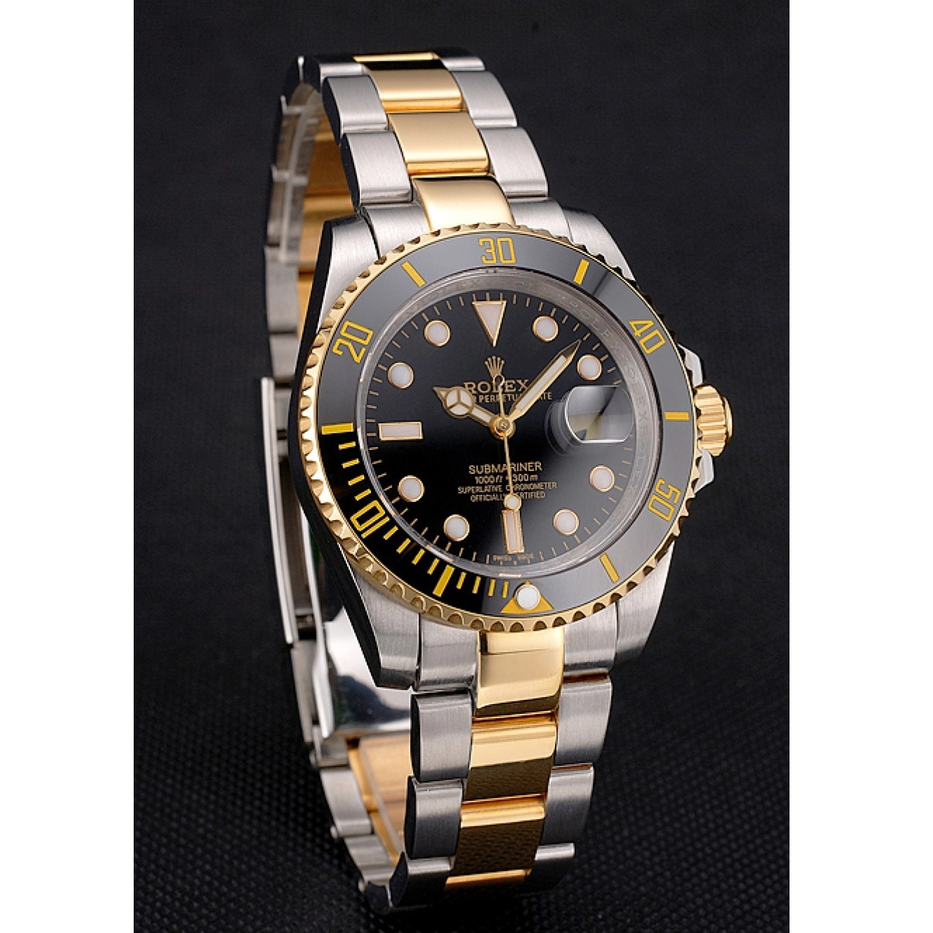 Aaa replica watch Swiss Gold Steel Submariner Tone Two And Bracelet Bezel Dial Rolex Black 0227