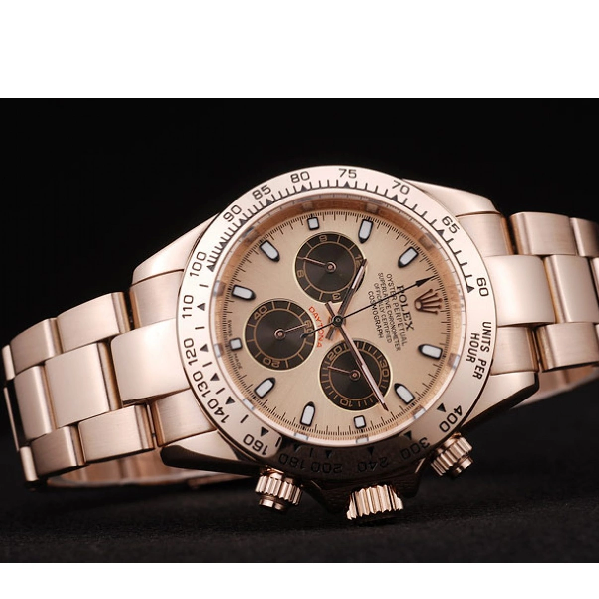 Aaa replica watch Gold Bezel Rolex Plated Rose Rose Stainless Gold Daytona Steel Dial 0302